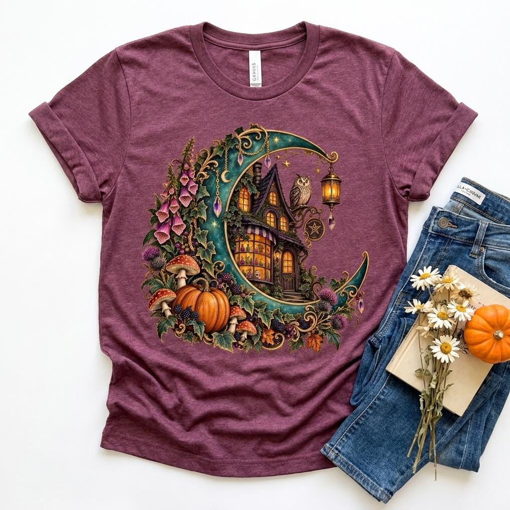 Preppy Witchy Moon Cottage PNG, Owl Apothecary Halloween Sublimation Design, Whimsical Gothic Hallow