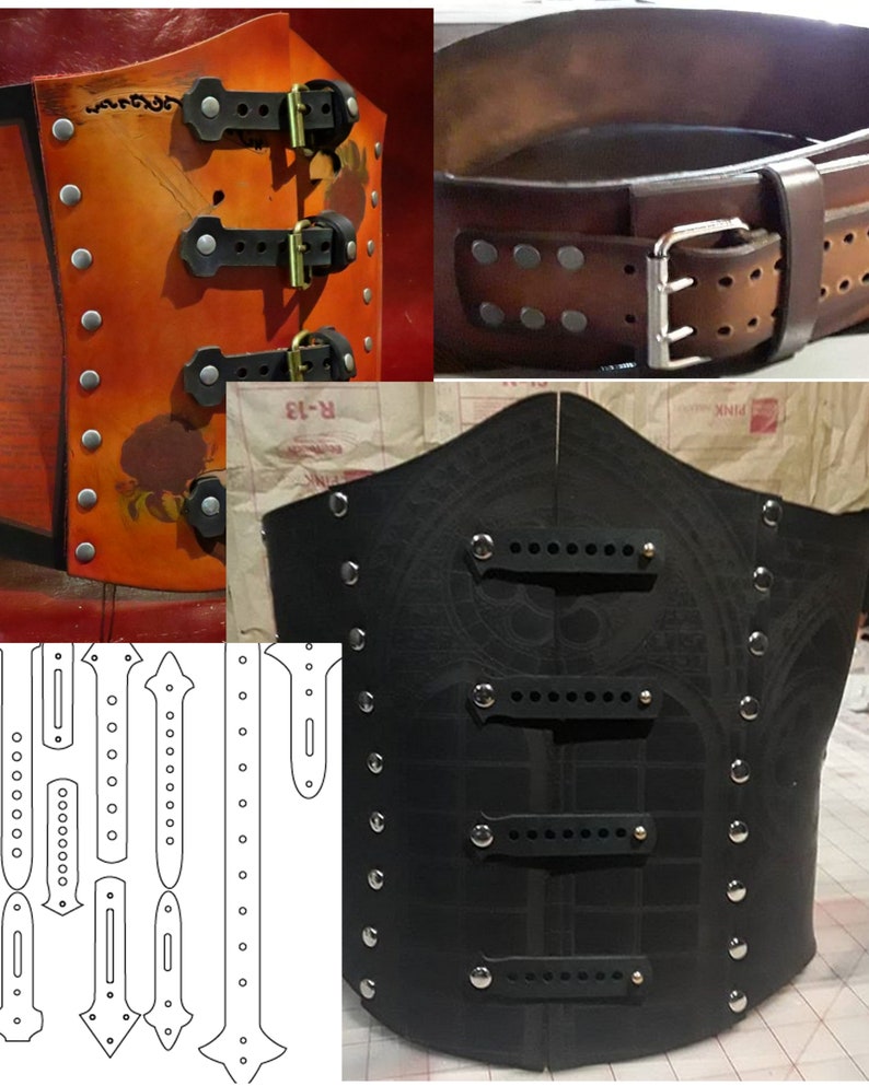 May include: Two leather corsets with metal buckles and rivets. The corset on the left is orange with a floral design and the corset on the right is black with a geometric design. A pattern for the corset straps is shown in the lower left corner.
