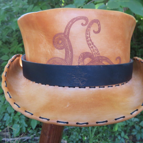 Steampunk Top Hat, hard leather Tophat hand stitched and custom molded