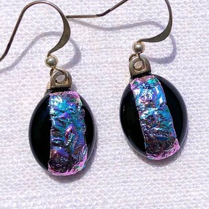 Silver Dichroic Fused Glass Earrings Silver Dichroic Glass Dangly Earrings Silver Dichroic Glass Jewelry Fused Glass Jewelry Gift For Her