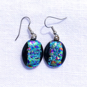 Green Dichroic Fused Glass Earrings Green Dichroic Glass Dangly Earrings Green Dichroic Glass Jewelry Fused Glass Jewelry Gifts For Her