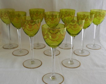 Set antico 10 calici da vino BACCARAT FRANCE Beauharnais Chartreuse verde oro