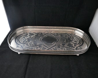 Antique English Silver plated Gallery Oval Vanity Tray 20"