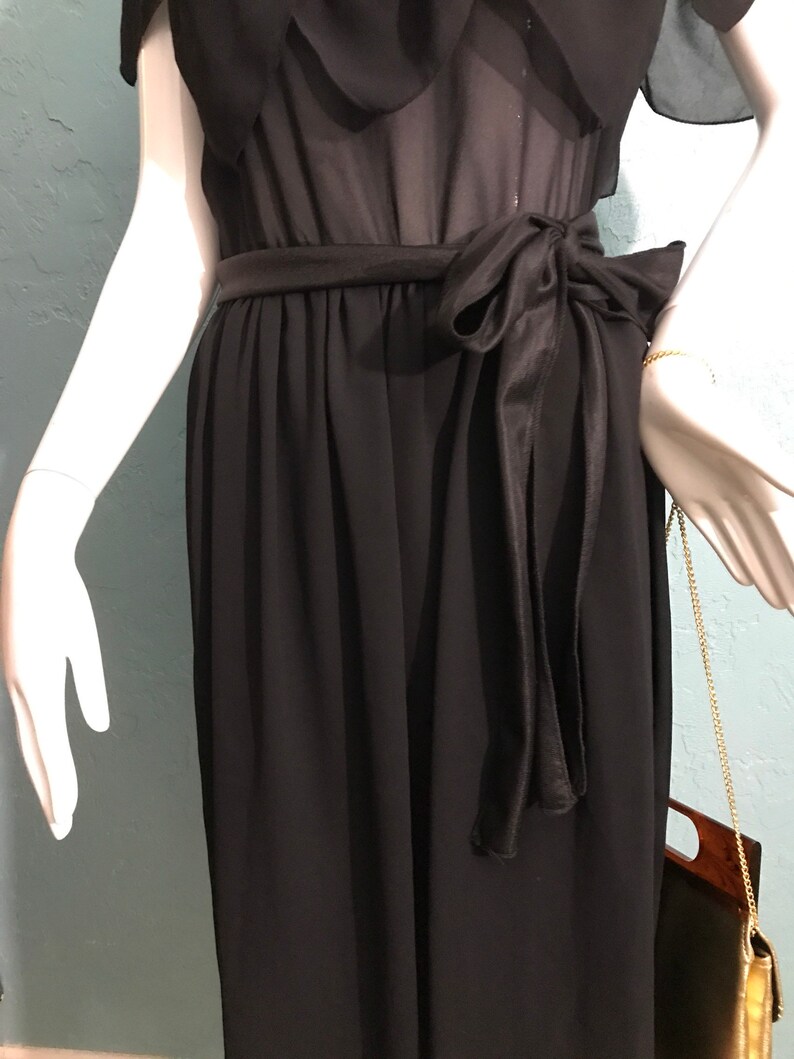 Sash Waist 70/'s Mollie Parnis Studio Little Black Dress Petal Neckline.