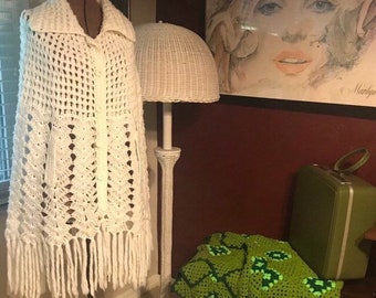 60's Hand Crocheted Cape. By English Village. White; Size =  OSFA. Beautifully hand crafted. Boho fringed bottom.