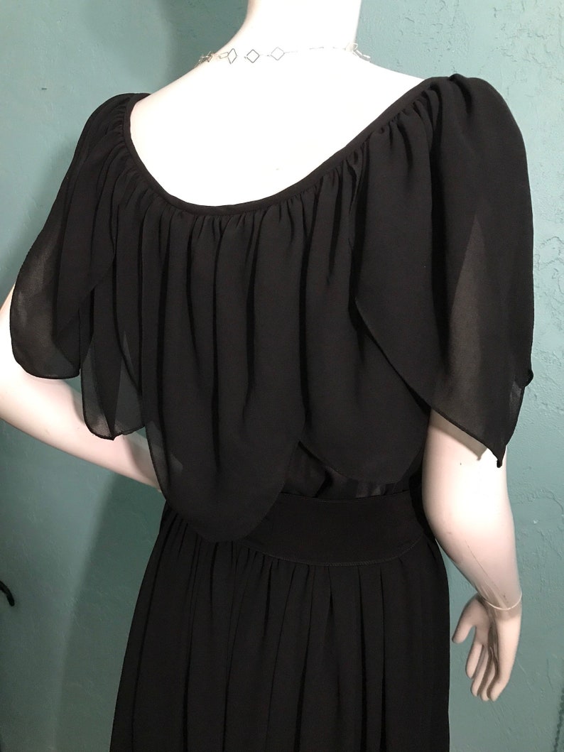 Sash Waist 70/'s Mollie Parnis Studio Little Black Dress Petal Neckline.