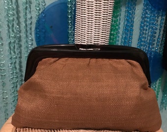 50/60's Tweed Clutch, Bakelite Framed Kisslock Closure. Made in Italy for Ivey's.