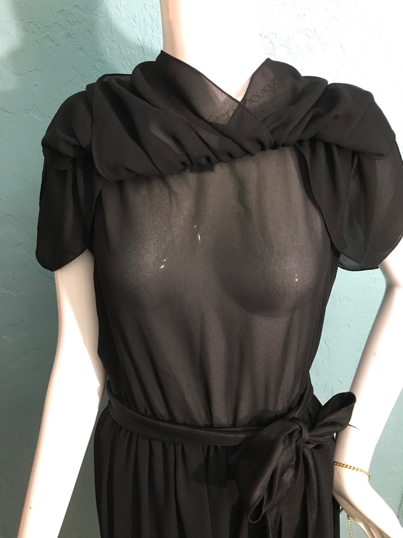 Sash Waist 70/'s Mollie Parnis Studio Little Black Dress Petal Neckline.