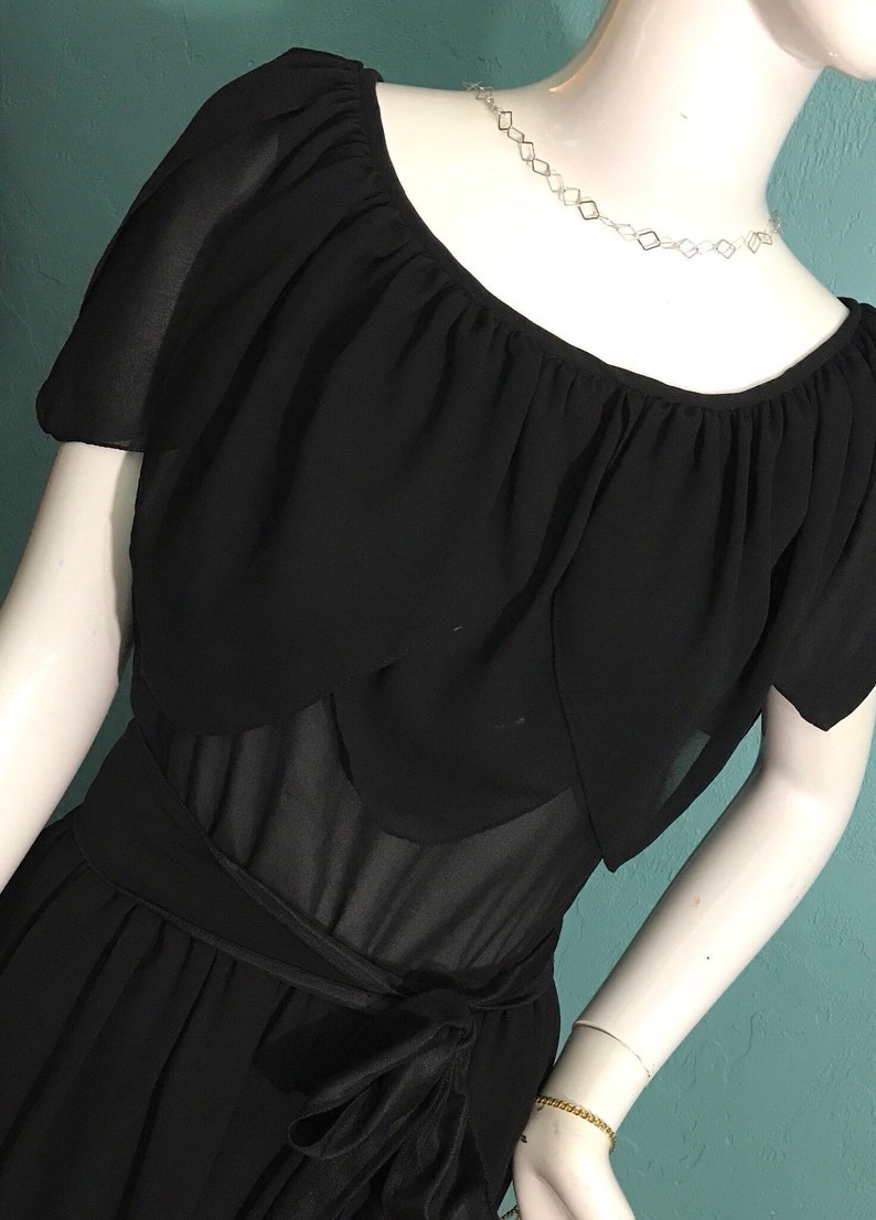 Sash Waist 70/'s Mollie Parnis Studio Little Black Dress Petal Neckline.