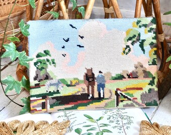 Vintage needlepoint picture of farmer and countryside 1950s