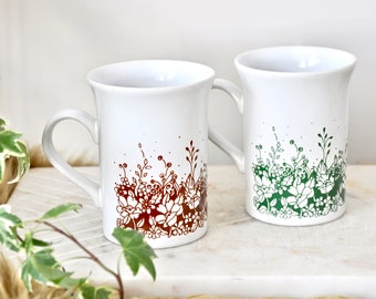 Vintage set of autumn mugs with green and brown floral leaf pattern 1980s