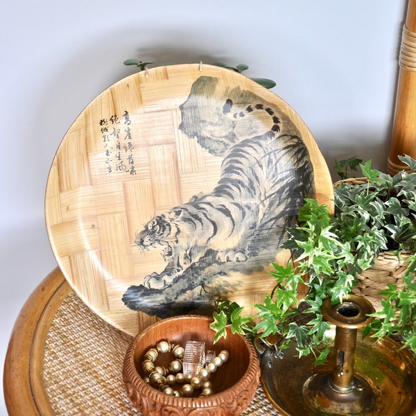 Vintage wood plate with chinese oriental pattern - wooden plate, wall art, chinese art, tiger, boho wall art, bohemian boho decor - oriental