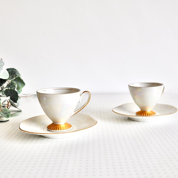 Vintage Polish ceramic iridescent tea cup and saucer set from the 1950s