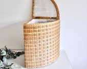 Large vintage woven seagrass rattan corner laundry basket