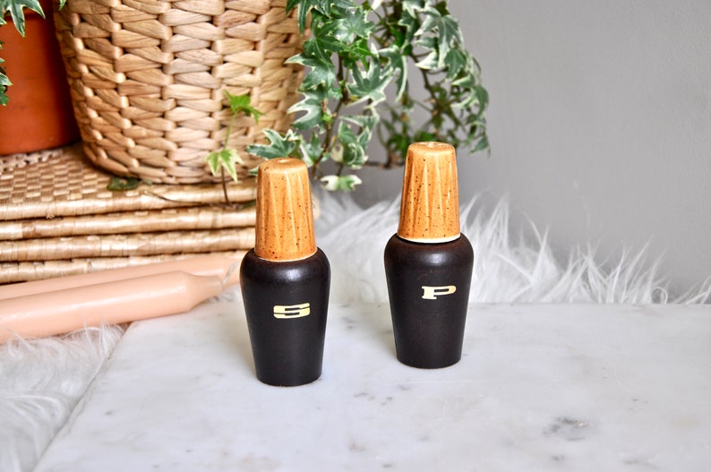 mcm decor retro kitchenware 70s Vintage ceramic mid century modern salt and pepper shakers with gold lettering