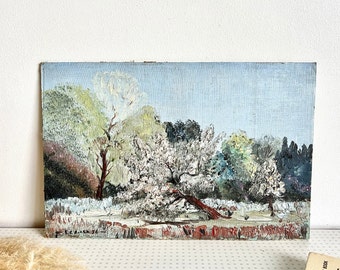 Vintage amateur signed floral landscape oil painting on board from the 1950s