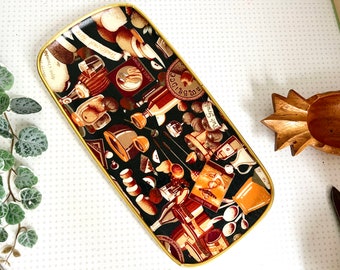 Small vintage floral fiberglass serving tray brown tonal food and drink design