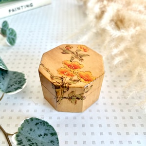 Vintage Chinese hand painted wooden ring box with floral pattern 1970s
