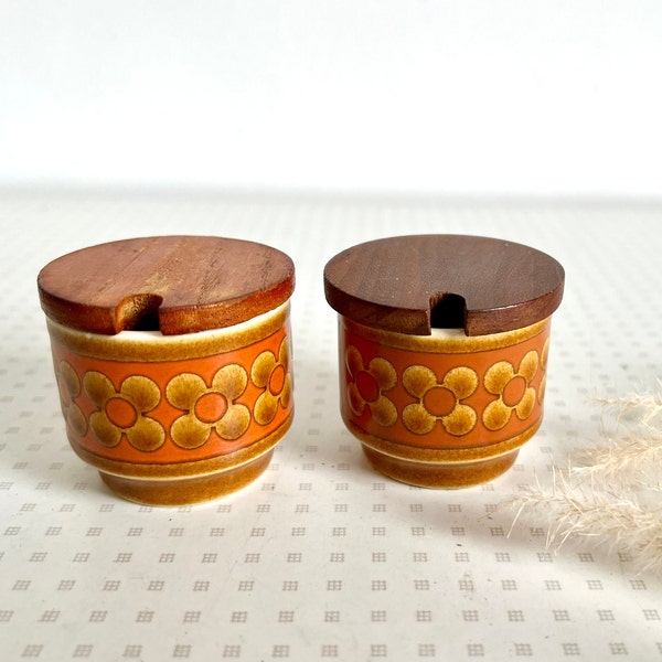 Vintage rust brown Hornsea Saffron condiment set from 1977