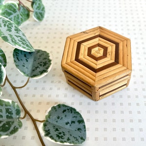 Vintage wooden hexagon shaped trinket box or ring box from the 1970s