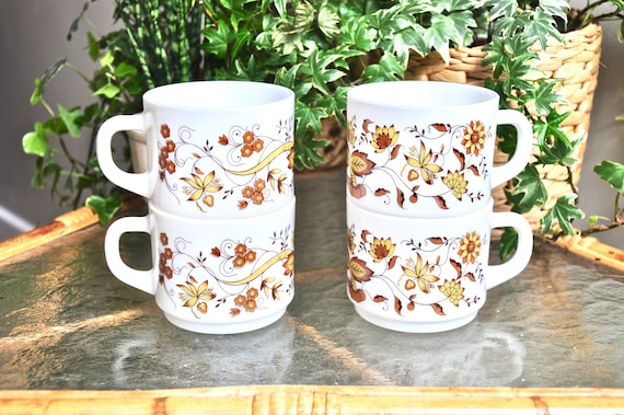 Lot 4 Tasses à Café Arcopal Vintage – Blanc Et Orange – Superbe État