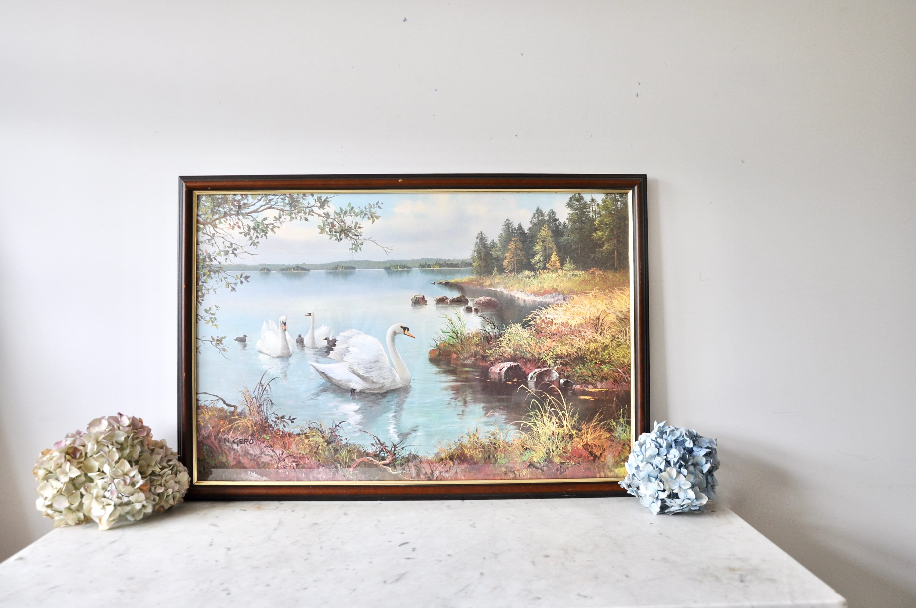 Large Vintage Framed Print by N Gero of Swans and Lake Scene Etsy UK