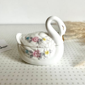 Vintage floral china swan trinket holder with lid from the 1980s