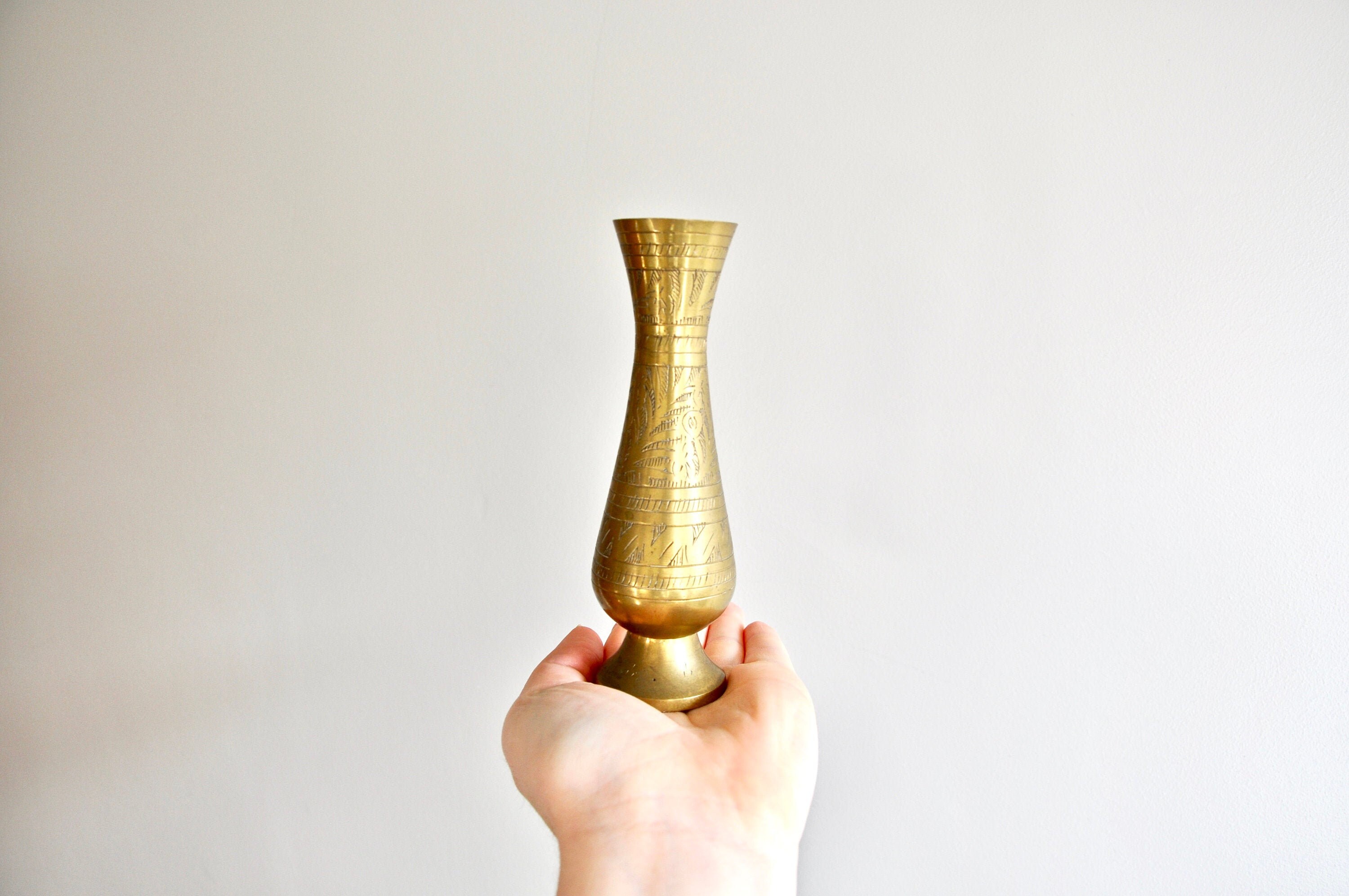 Vintage etched brass bud vase from the 1970s