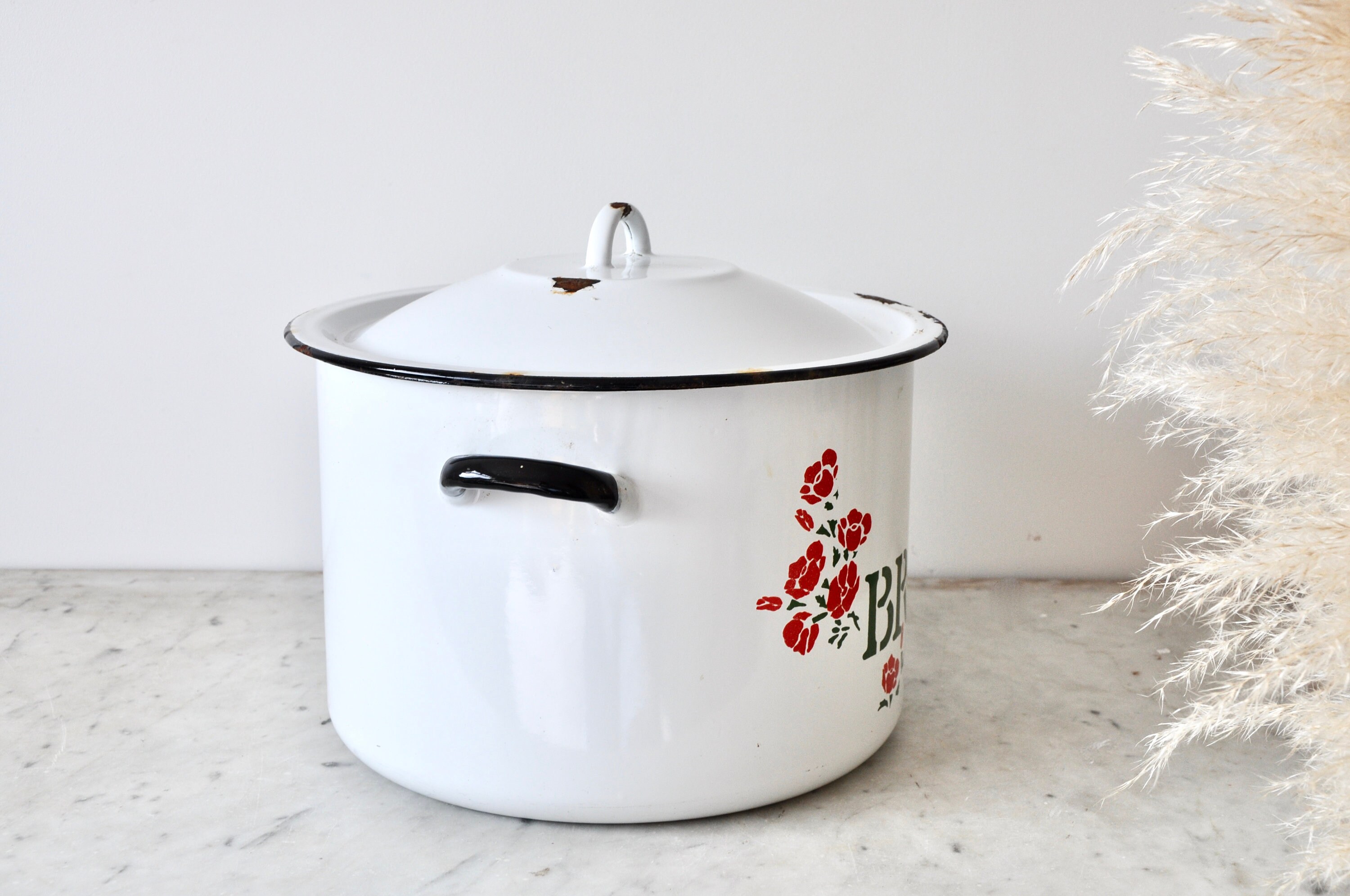 Large Polish vintage round white enamel bread bin with floral Etsy