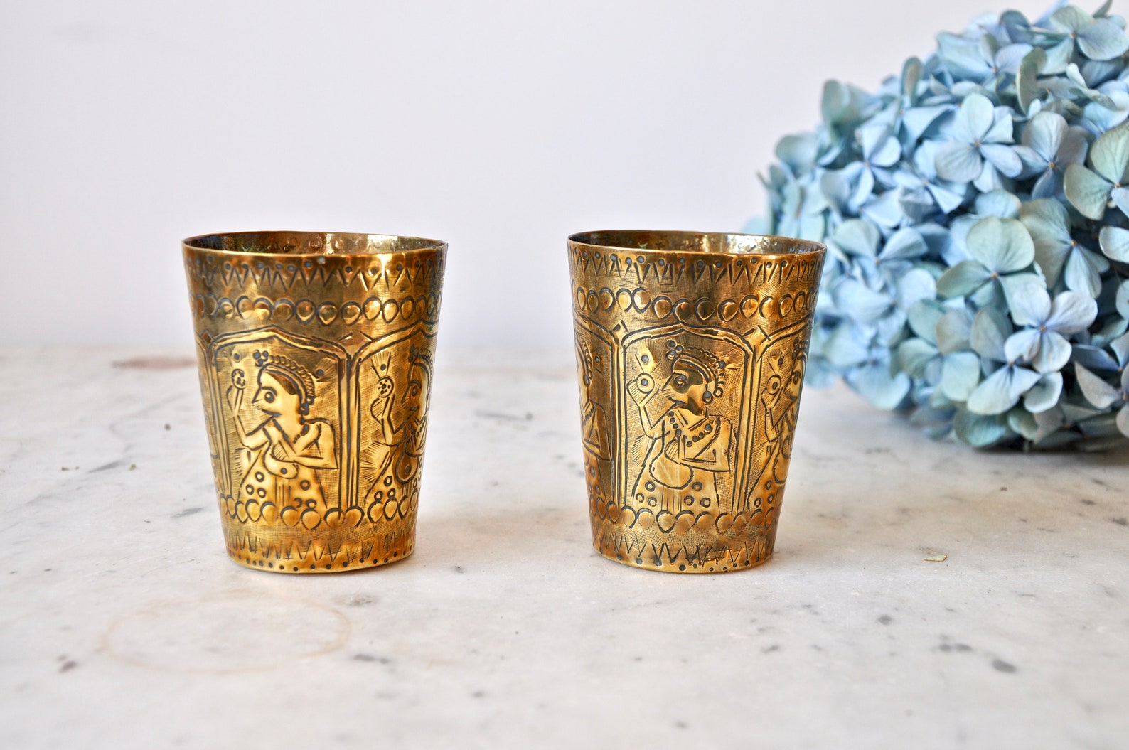 Vintage pair of etched brass drink tumblers or decorative pots Etsy