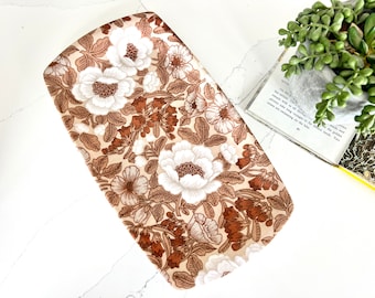 Small vintage floral fiberglass serving tray with brown floral design
