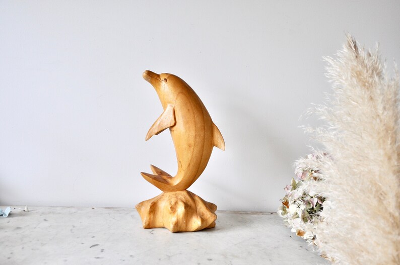 Vintage hand carved wooden dolphin ornament or statue 1970s image 1