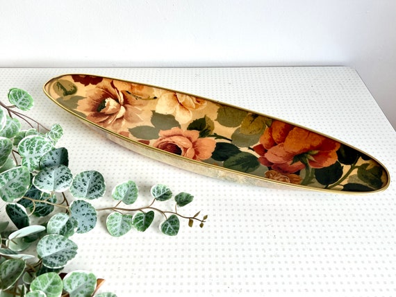 Grand plateau vintage en fibre de verre, motif arbres et fleurs, mid