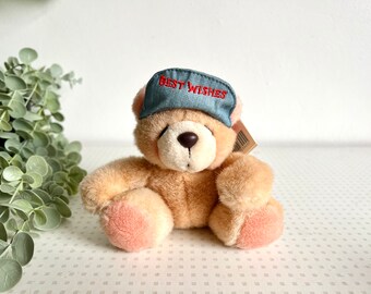 Small vintage Forever Friends teddy bear with cap and best wishes message toy gift from the 1990s