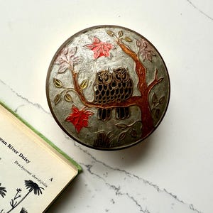 Vintage brass cloisonné enamel trinket box or pot with owl design 1970s
