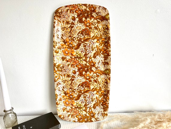Vintage Thetford floral fiberglass serving tray with brown and orange floral design