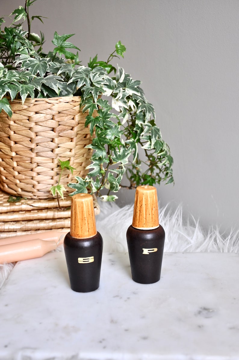 mcm decor retro kitchenware 70s Vintage ceramic mid century modern salt and pepper shakers with gold lettering