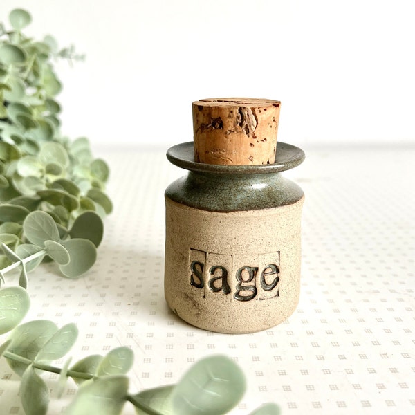 Vintage studio pottery stoneware sage jar or crock with cork lid 1970s
