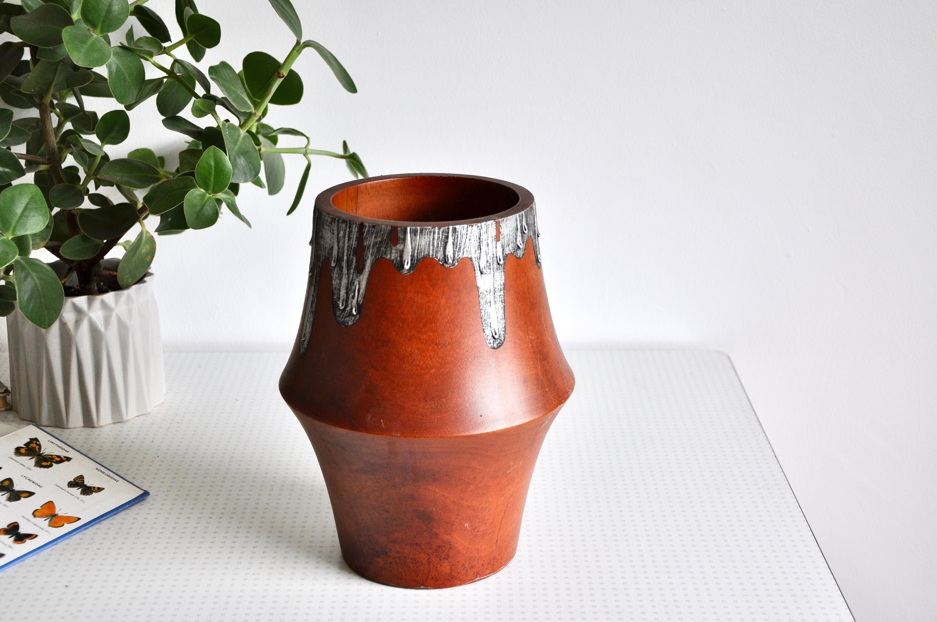 Buy Vintage Large Wooden Plant Pot or Planter With Silver Drip
