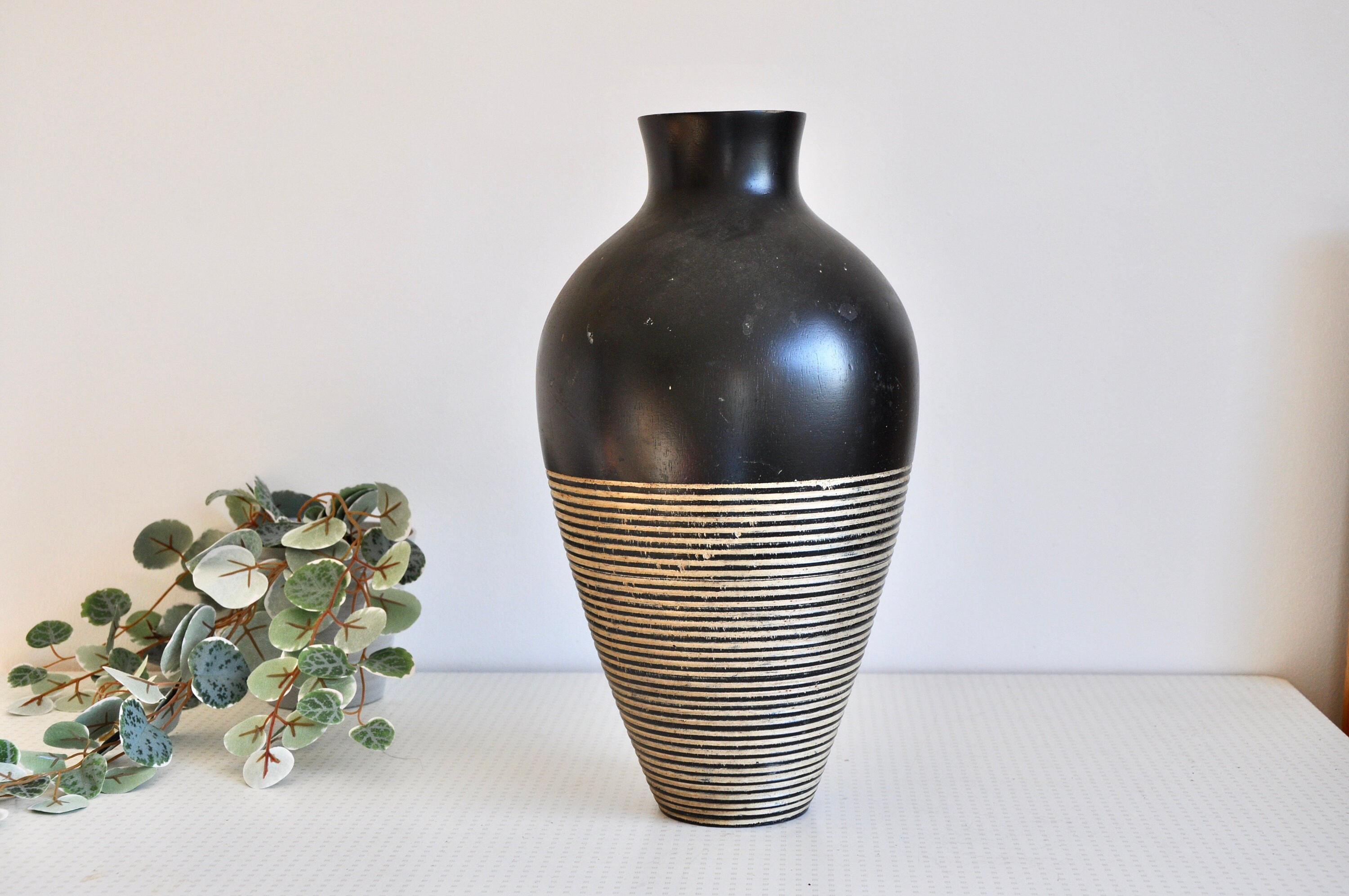 Large vintage black wooden vase with stripe detail Etsy