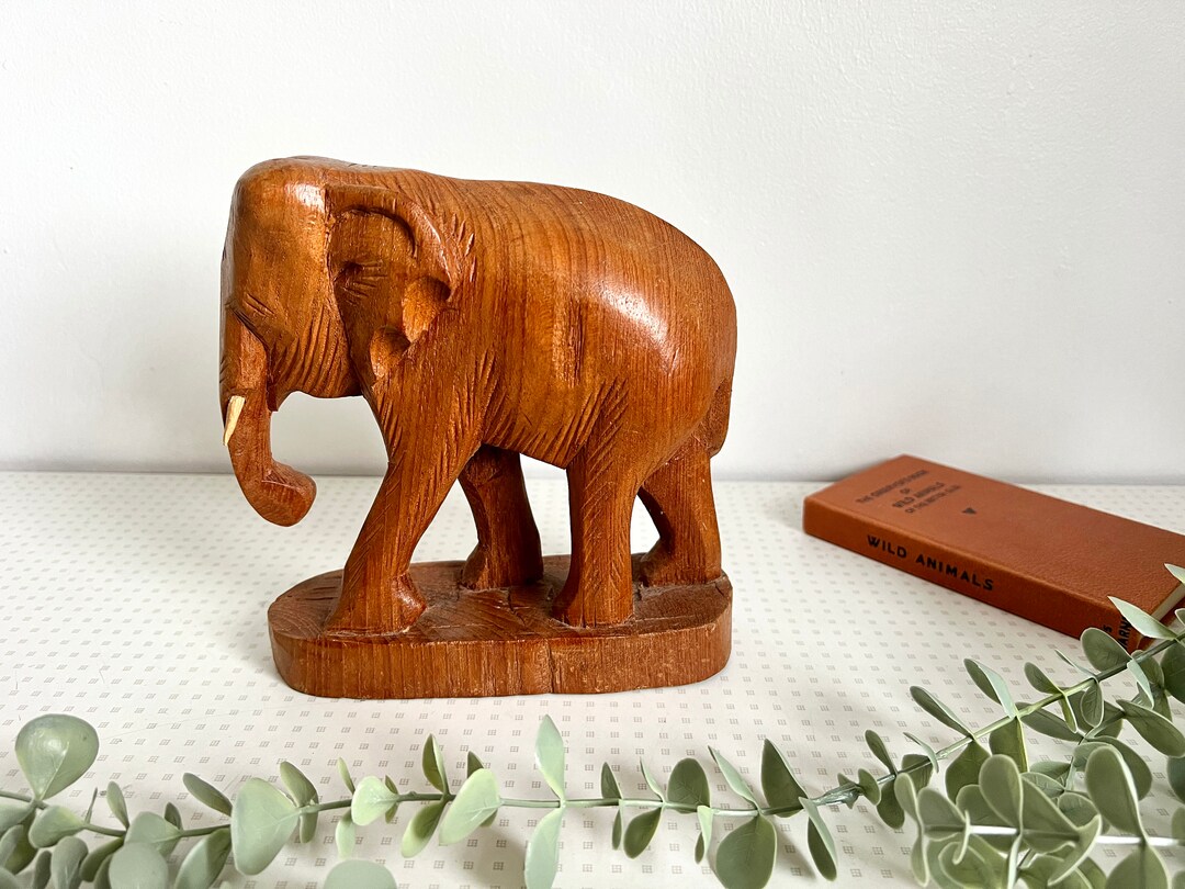 Vintage Hand Carved Wooden Elephant Figurine or Ornament 1970s Etsy