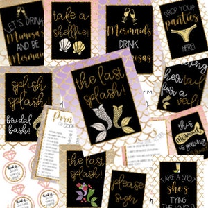 Puede incluir: Un conjunto de tarjetas de juego de despedida de soltera imprimibles con temática de sirena. Las tarjetas presentan texto con purpurina dorada e ilustraciones de sirenas, conchas marinas y otros elementos náuticos. El texto en las tarjetas incluye frases como "Let's Drink Mimosas and Be Mermaids", "Take a Shelffie", "The Last Splash", "Drop Your Panties Here", "Having Hertail for a Veil", "This Mermaid is Getting Saved", "Please Sign", and "Take a Shot She's Tying the Knot".