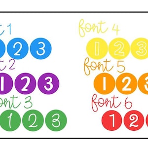 May include: Six different fonts displayed in a rainbow of colors. Each font shows the numbers 1, 2, and 3 in a circle.