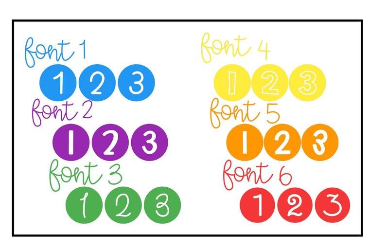 May include: Six different fonts displayed in a rainbow of colors. Each font shows the numbers 1, 2, and 3 in a circle.
