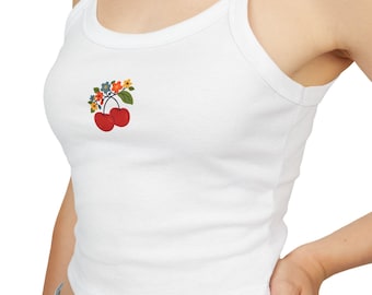 Cherry Floral Tank Top – Women's Cotton Blend Spaghetti Strap