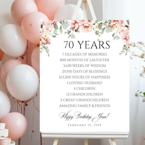 70. Geburtstag personalisierte Blumenparty Digitale Datei, 70. Geburtstag Druck, Zeit Fakten Benutzerdefinierter Geburtstagsdruck, DIGITALE DATEI