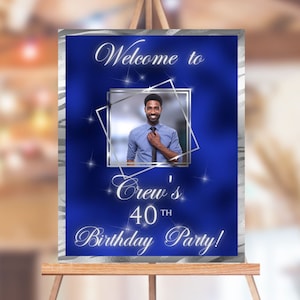 Affiche photo personnalisée, plaque d'entrée, plaque de bienvenue bleu et argent, impression de fête d'anniversaire, impression de retraite, photo imprimable, fichier numérique