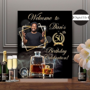 Personalisiertes Foto Willkommensschild für Mann, Whisky und Rauch, Schwarz und Gold Eingangsdruck, Geburtstag, Ruhestand, druckbar, NUR DIGITALE DATEI