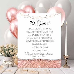 Impresión personalizada con datos sobre el tiempo para el 70.° cumpleaños, impresión de cumpleaños con purpurina en oro rosa, impresión para el 70.° cumpleaños, ARCHIVO DIGITAL