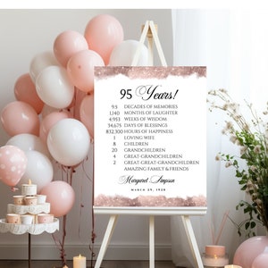 Gepersonaliseerde 95e verjaardag Rose Gold Accent Party Print, 95e feestdecoratie, tafeldecor, posters, digitaal bestand